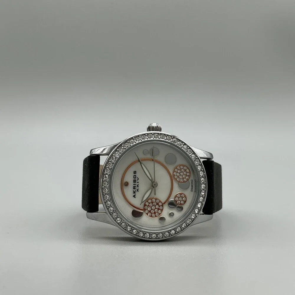 Akribos XXIV Womens Watch 34mmSilver Tone MOP Leather Crystals New Battery